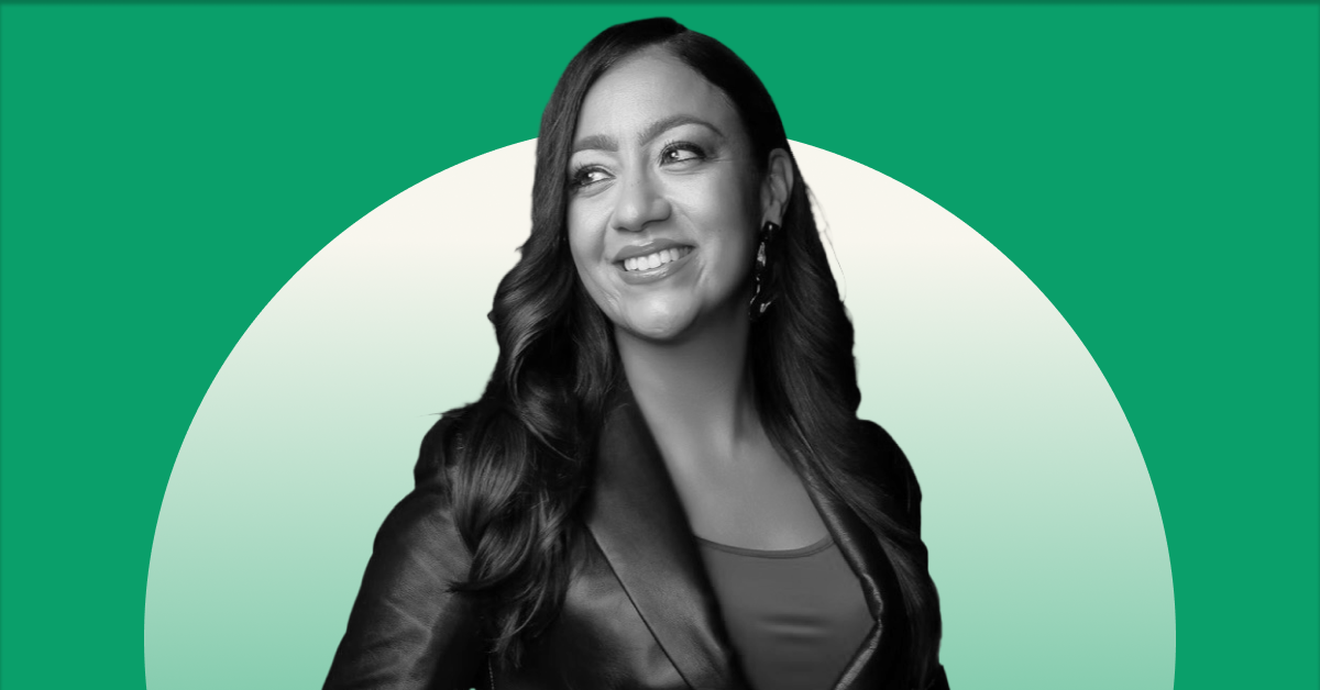 A headshot of Patricia Mota on a green background. 