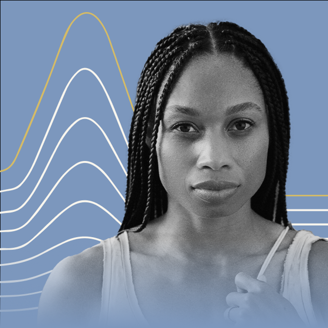 Headshot of Allyson Felix on a blue background. 