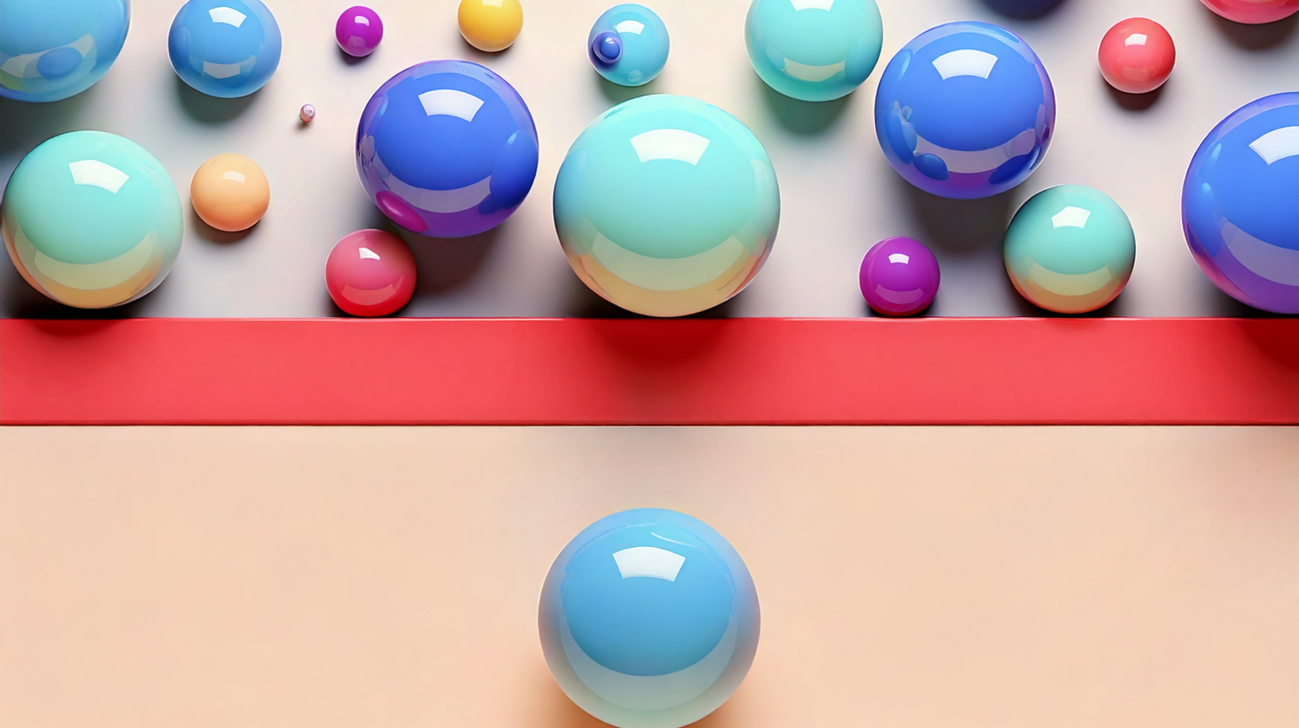 one ball held apart by a line from many other balls