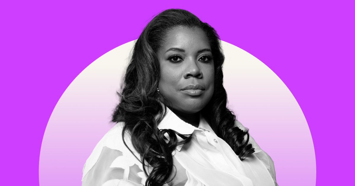 A headshot of Danielle Belton on a purple background. 