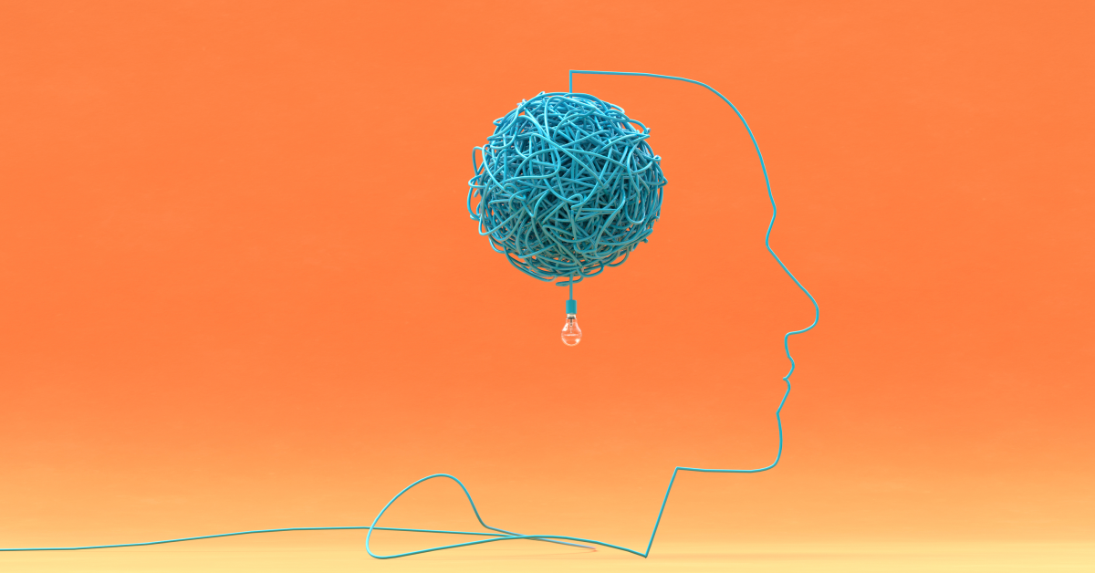 A blue sketched outline of a face with blue wires coming from the head against an orange background. 