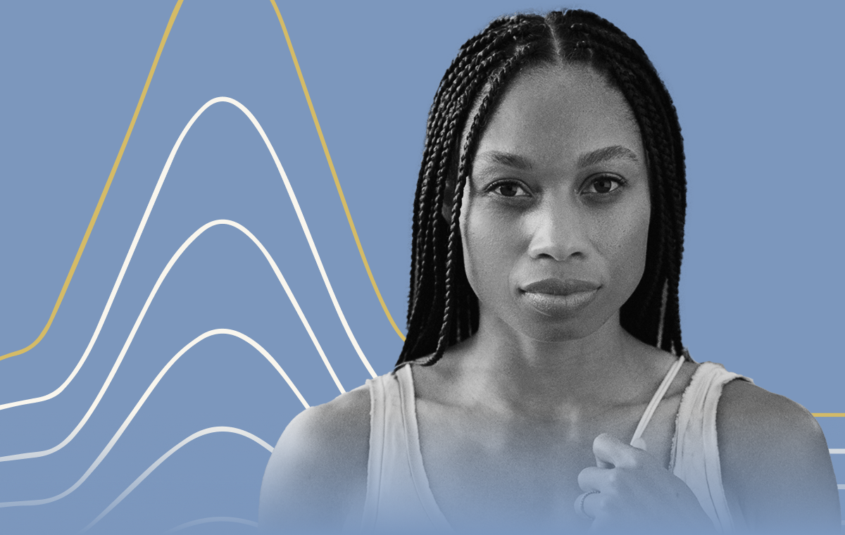 Headshot of Allyson Felix on a blue background. 