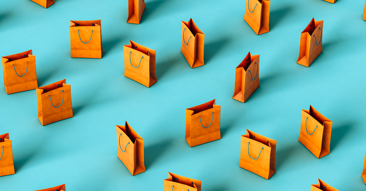 A collage of orange shopping bags on a sky blue background. 