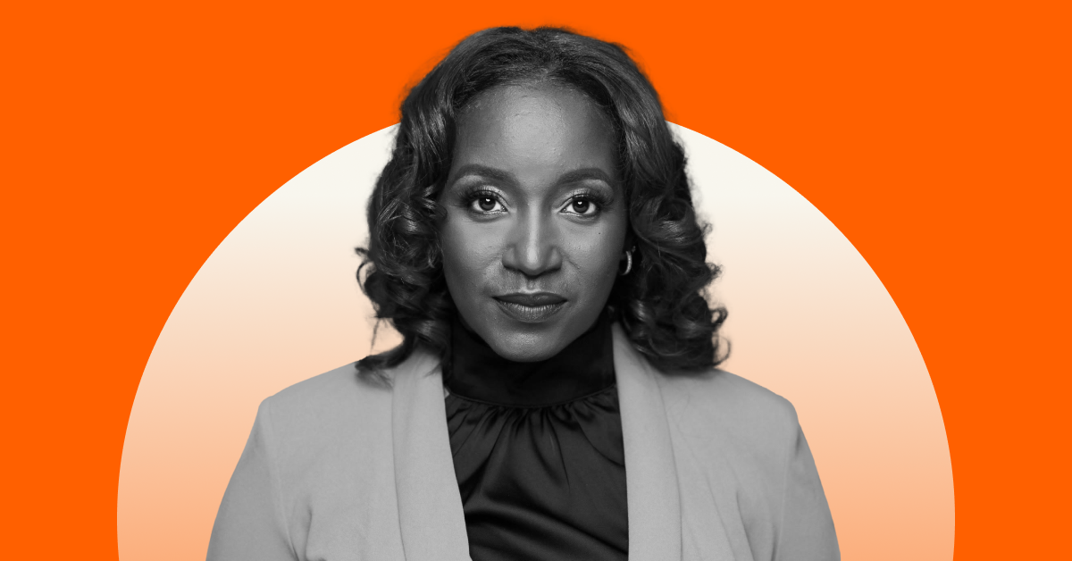 Joanna Cooper's headshot against an orange background with a white circle. 